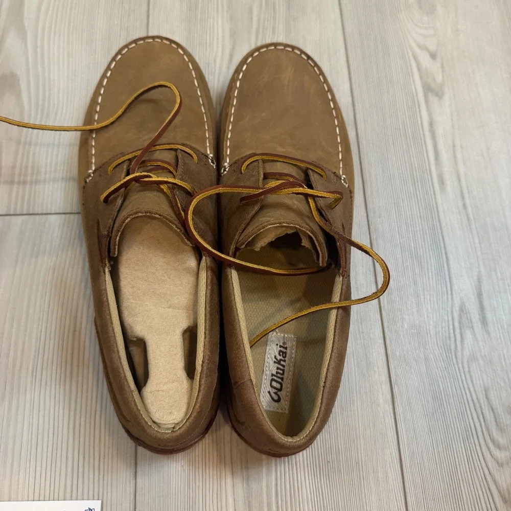 NEW OluKai Mano Mens 13 Boat Shoes Ray Toffee Leather Loafers